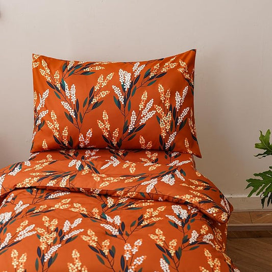 KAREVER Botanical Toddler Bedding Set Flower Print 4 Pieces Crib Bed Set Kids Burnt Orange Floral Comforter Set