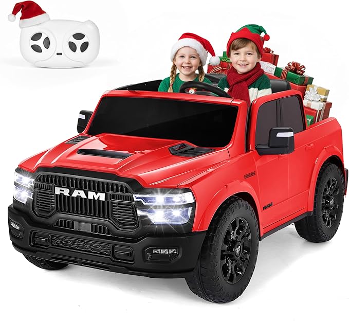 FUNTOK 24V 2 Seater Ride On Truck for Big Kids, Licensed RAM 2500 Kid's Electric Vehicles w/Remote Control, LED Light/Music/MP3/Bluetooth, Truck Bed Storage, Carry Wheels & Handle, Car for Kids 3-8