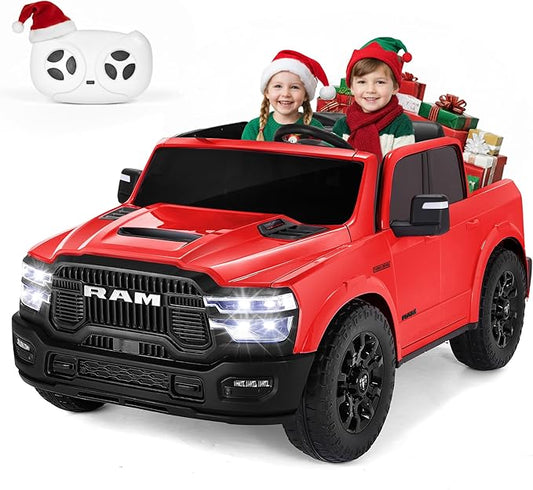 FUNTOK 24V 2 Seater Ride On Truck for Big Kids, Licensed RAM 2500 Kid's Electric Vehicles w/Remote Control, LED Light/Music/MP3/Bluetooth, Truck Bed Storage, Carry Wheels & Handle, Car for Kids 3-8