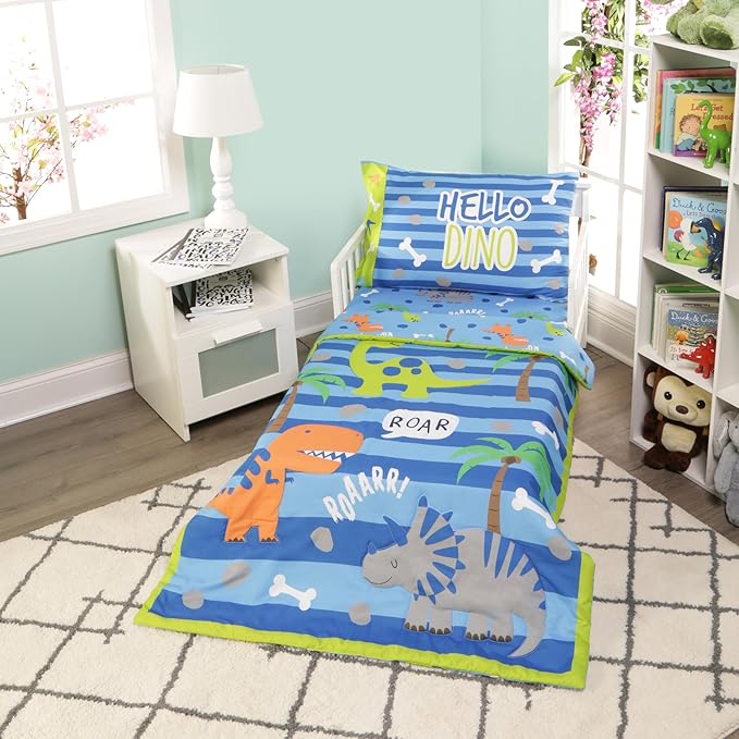 EVERYDAY KIDS 4 Piece Toddler Bedding Set – Roaring Dinosaurs - Includes Comforter, Flat Sheet, Fitted Sheet and Reversible Pillowcase – Boys Toddler Bedding