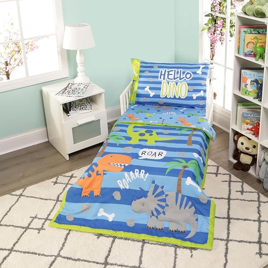 EVERYDAY KIDS 4 Piece Toddler Bedding Set – Roaring Dinosaurs - Includes Comforter, Flat Sheet, Fitted Sheet and Reversible Pillowcase – Boys Toddler Bedding