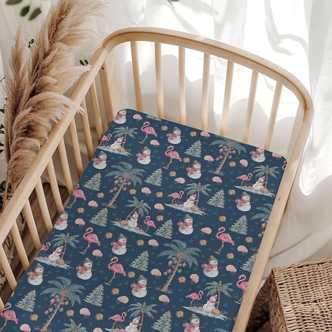 Preppy Beach Christmas Baby Crib Sheets for Boy Girl 52x28 Flamingo Palm Trees Snowmen Coastal Soft Snug Fitted Crib Mattress Cover Tropical Christmas Baby Sheet for Standard Crib & Toddler Mattress