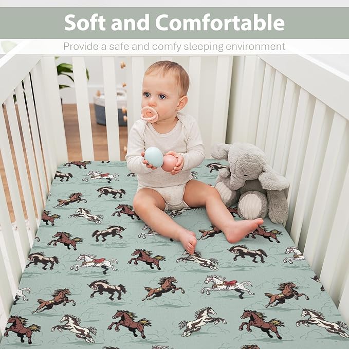 Vintage Wild Horses Baby Crib Sheets for Boy Girl 28"x52" Running Horse Soft Stretchy Fitted Crib Mattress Covers Wild Western Cowboy Animal Nursery Baby Sheet for Crib & Toddler Bed Mattress Green