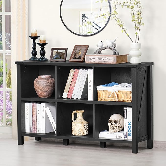 Joaxswe 6 Cube Bookcase, Farmhouse Wood Low Storage Organizer Book Shelf, Black 47" Horizontal Console Bookshelf with Legs, Hallway Book Case for Entryway, Display Cabinet for Living Room, Office