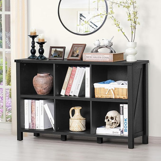 Joaxswe 6 Cube Bookcase, Farmhouse Wood Low Storage Organizer Book Shelf, Black 47" Horizontal Console Bookshelf with Legs, Hallway Book Case for Entryway, Display Cabinet for Living Room, Office