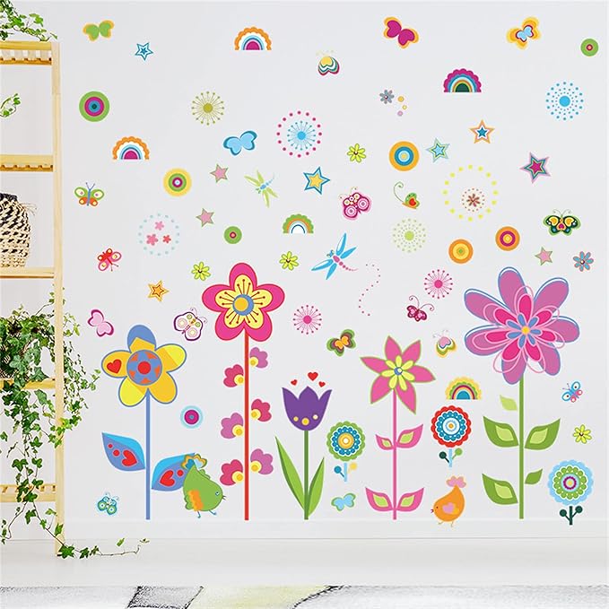 ROFARSO Colorful Cute Cartoon Wall Sticker for Kid Removable Peel and Stick Wall Decal DIY Decoration for Nursery Baby Girls Bedroom Playroom Living Room (Flowers)