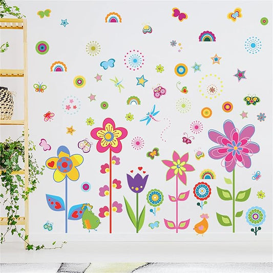 ROFARSO Colorful Cute Cartoon Wall Sticker for Kid Removable Peel and Stick Wall Decal DIY Decoration for Nursery Baby Girls Bedroom Playroom Living Room (Flowers)