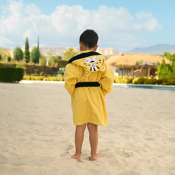 BAGNO MILANO Kids Organic Turkish Cotton Hooded Beach Cover-Up Towel, GOTS Certified, for Boys and Girls (Tiger Yellow, 3-4 Years)