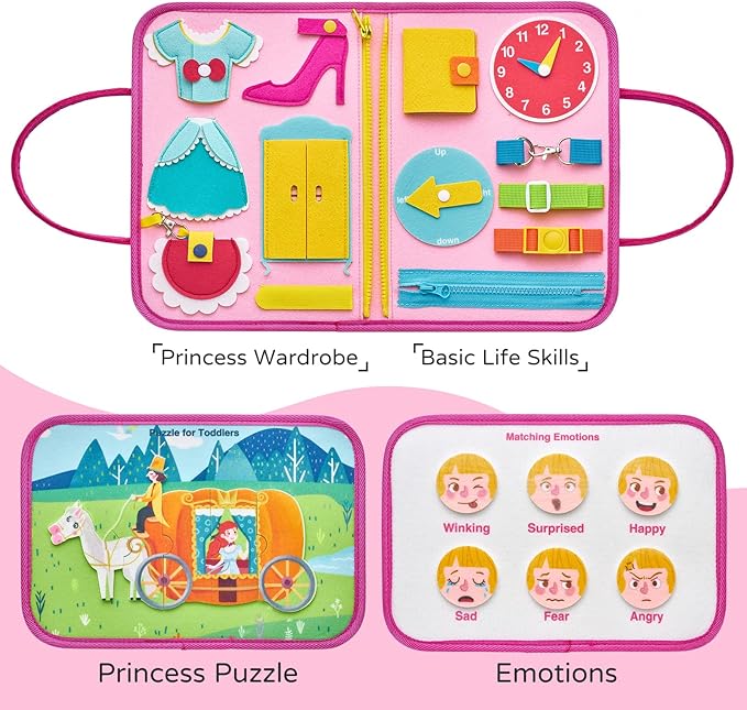 Freebear Busy Board Toddler Travel Toys Quiet Book Sensory Board for Toddlers 1 2 3 4, Montessori Educational Toys for 3 4 Year Old Girls Boys Gift, Princess