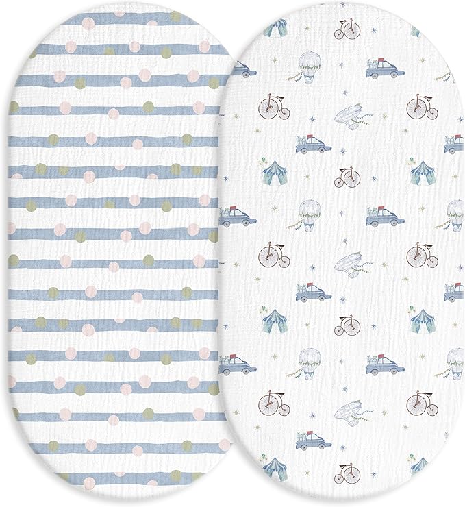 Muslin Bassinet Fitted Sheets, 2 Pack for Baby Boy and Girl, Soft Breathable Baby Pad/Mattress Sheet, Fit for Hourglass Oval and Rectangle Bassinet Mattress (Cute Cars)