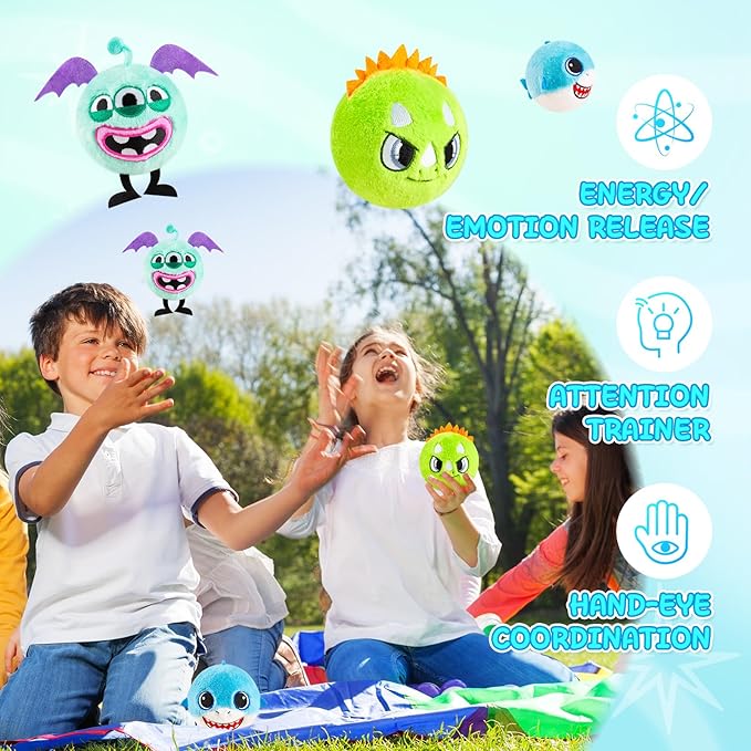 ZOOJOY 3 Pcs Plush Bouncy Balls for Toddlers and Kids, 3-Inch High Bounce Sensory Toys Featuring Dinosaur, Shark & Monster, Soft Game Balls Gift for Boys 6 Months+, Indoor & Outdoor Play