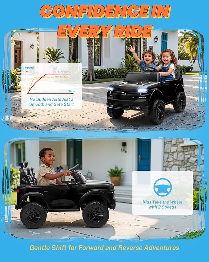 ENYOPRO 24V Ride on Toys for Big Kids, Licensed Chevy Silverado LT Trail Boss 2 Seater Ride on Car for Kids, Toddler Electric Car w/Remote Control, Safety Belt, Truck Bed, LED Lights, Bluetooth, Black