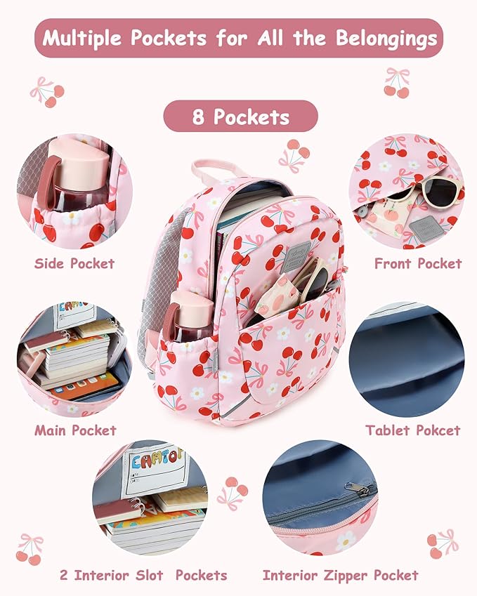 CAMTOP Toddler Backpack for Boys Girls 2-4, Kids Backpacks for Kindergarten Preschool, 12" H Small Bookbag for Daycare Travel (Cherry Pink, 12''- Not fit A4 folder)