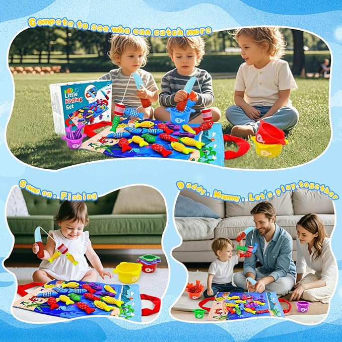 Montessori Toys for 1+ Year Old – 23 PCS Fishing Game with 2 Poles & 15 Fish, 10-in-1 Cloth Fishing Toys for Counting, Color & Shape Learning, Toys for 1 2 3 Year Old Boys Girls Gifts