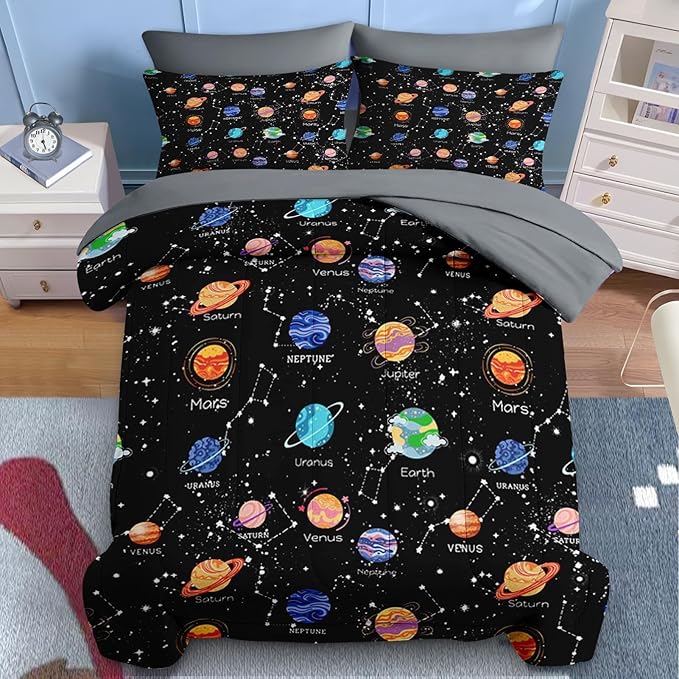Nesker 4 Pcs Comforter Set Toddler Size, Cute Space Galaxy Bedding for Kids Teen, Planets Moon Stars Bed Sheet with Pillowcase & Sham