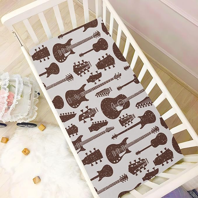 Retro Guitars Crib Sheets Soft Breathable Fitted Baby Crib Sheets Mattress Cover for Girl Boys, 52" x 28" x 9"