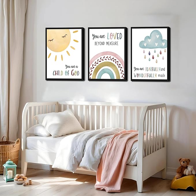 Kids Bible Verse Wall Art, Christian Scripture Wall Decor Paintings Set of 3, Nursery Rainbow Inspirational Posters Prints Pictures for Classroom Kids Room Baby Room Bedroom 16x24 Inch Wood Framed