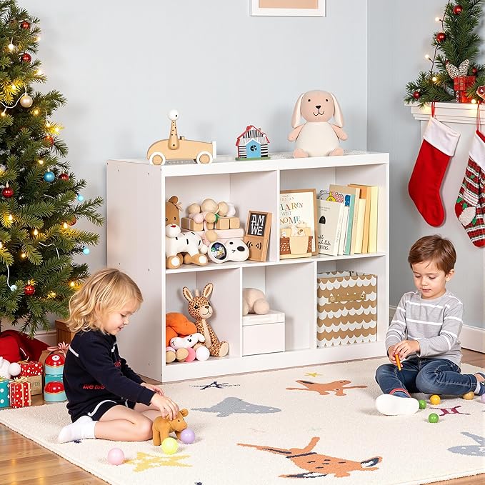 BRINJOY Toy Storage Organizer, 5-Section Kids Bookcase with Raised Edge, Children's Toy Shelf Cabinet for Playroom Bedroom Daycare Nursery School, Montessori Bookshelf for Boys & Girls (2-Tiers)