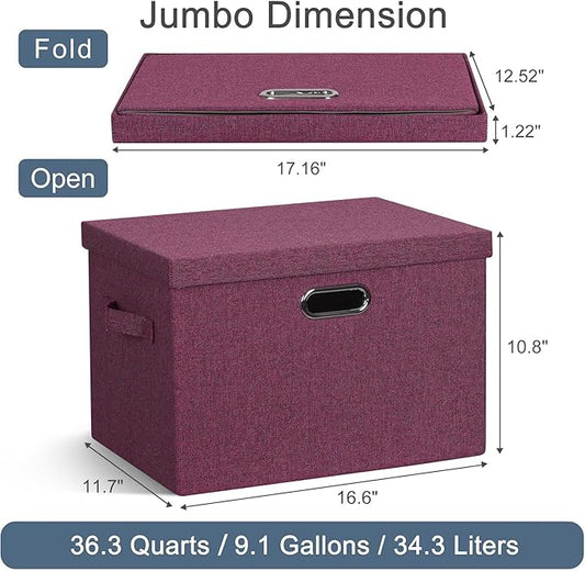 Graciadeco Large 17" 36 Quart Collapsible Stackable Storage Bins with Lids, 3 Packs Purple Linen Fabric Closet Boxes with Lids, Storage Cube Baskets Container Organizers for Bedroom Office (17x12x11)