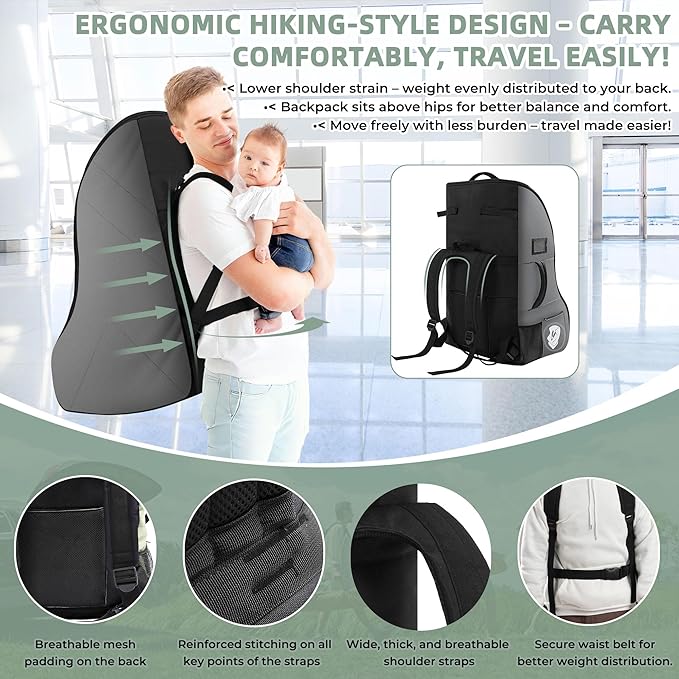 DerBiedersinn Car Seat Travel Bag for Airplane – Waterproof Heavy Duty Carseat Backpack for Gate Check or Airport Travel – Fits Infant, Convertible & Booster Seats, Dark Grey