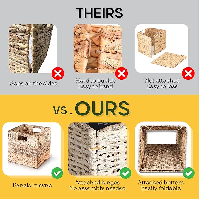 CHI AN HOME 11 Inch Cube Storage Bins, Wicker Storage Baskets for Cube Shelf, Natural Foldable Square Baskets for Storage, Large Woven Storage Bin with Handle, Baskets for Pantry, Living Room Set of 4