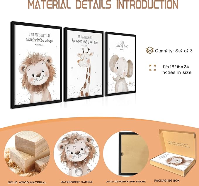 Nursery Wall Art, Kids Bible Verse Animal Canvas Wall Decor Paintings, Cute Safari Christian Pictures Posters Prints for Kids Boys and Girls Room Bedroom 12x16 Inch Wood Framed