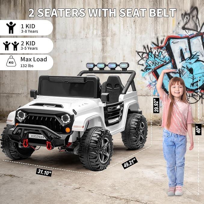 24V Ride on Toys for Big Kids, 2 Seater Ride on Cars with Remote Control, Ride on Truck w/ 4-Wheeler Suspension, 3 Speeds, Led Lights, Bluetooth Music Player