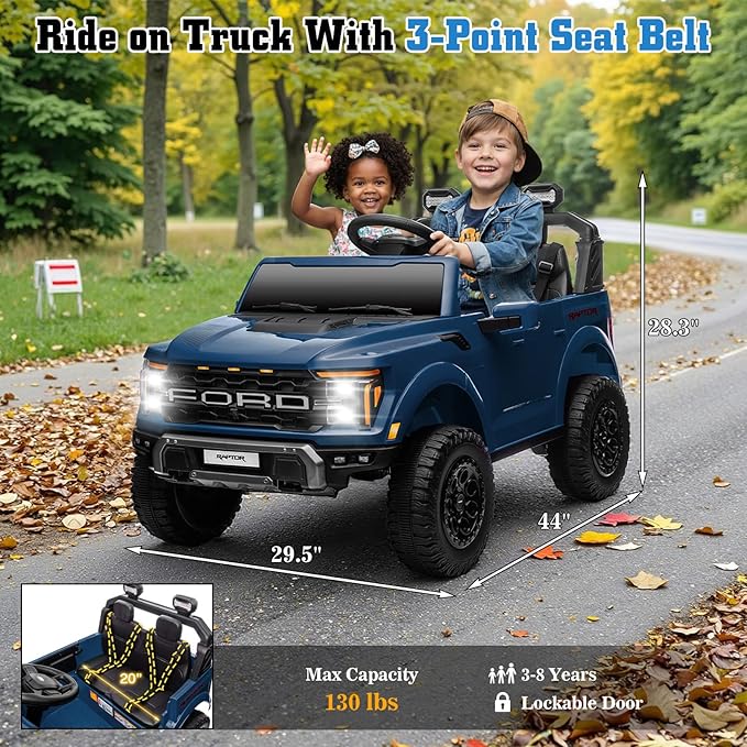 24V Ride on Car Licensed Ford F-150 Raptor, Kids Electric Car with Remote Control, LED Light/Music/MP3, Truck Bed Storage, 3-Point Seat Belt (24V, Blue)