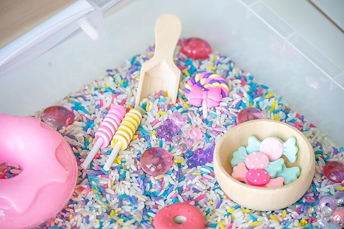 Sweets Shop Sensory Bin Kit for Kids – Bright Rainbow Rice, Candy Erasers, Donut Containers & Wooden Tools – Includes Clear Storage Bin