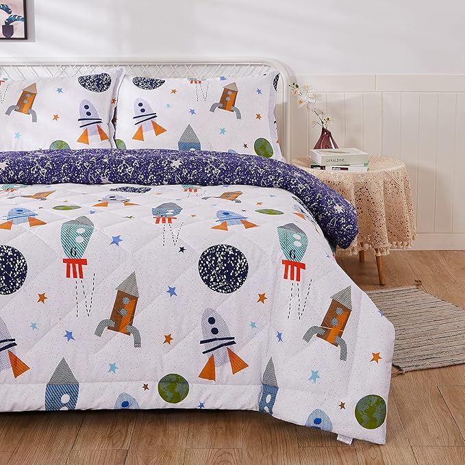 Brandream Kids Space Bedding Set Boy Girl Cotton Comforter Set Space Rocket Galaxy Bedroom 3-Piece Full Size