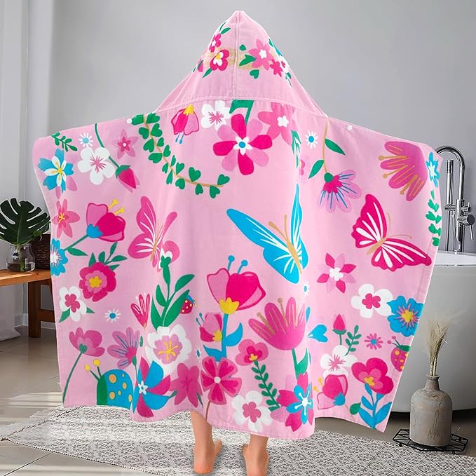 VOOVA & MOVAS Todder Beach Towel with Hood, (3-8 Years, 30''X50),Absorbent 100% Cotton Towel Wrap for Boys, Perfect for Toddler Beach, Pool, Bath, Swimming, Flower Butterfly