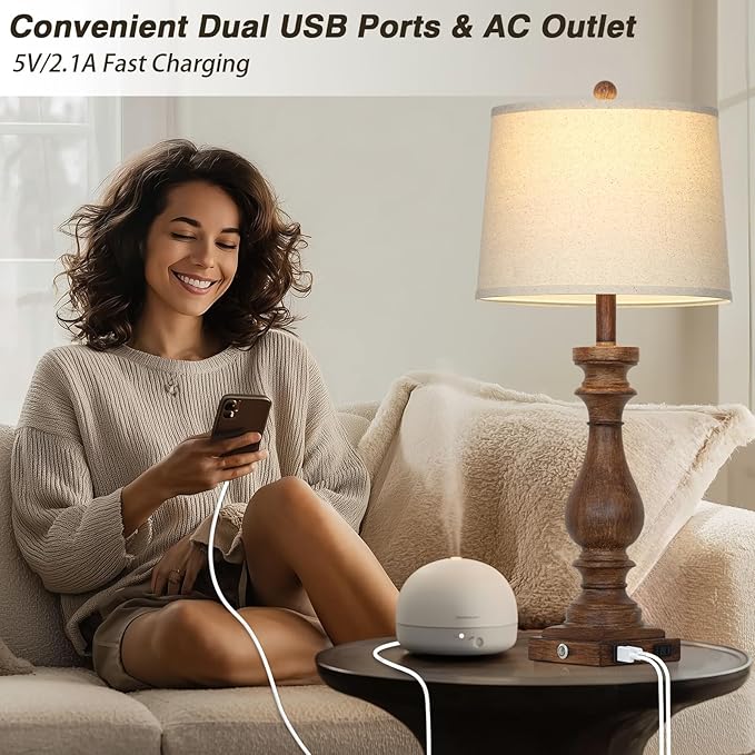 Cinkeda 29" Tall Farmhouse Table Lamp for Living Room Set of 2,Vintage Retro Nightstand Lamps with USB C+A Ports & AC Outlet,3-Way Dimmable Touch Bedside Lamp for Bedroom Side Table,Brown