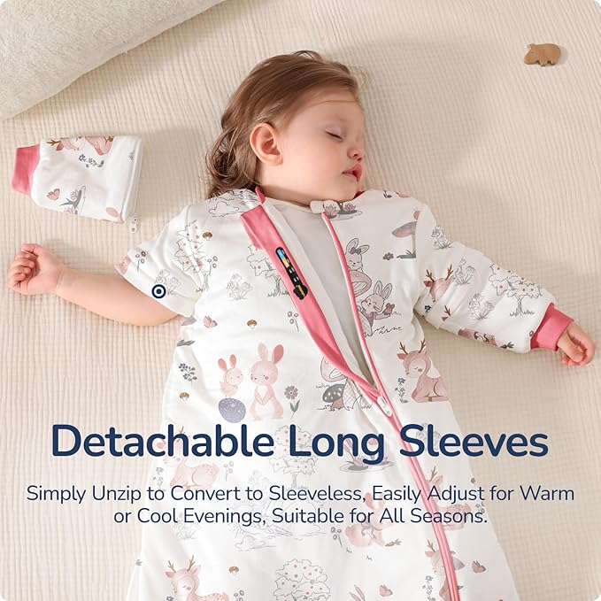 Baby Sleep Sack 6–12 Months, 2.5 TOG Warm Cotton Sleep Sack with Detachable Long Sleeves, Winter Wearable Blanket for Cold Nights, 2-Way Zipper Toddler Sleeping Sack, Bunny