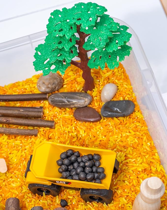 Construction Sensory Bin Kit for Kids – Taste-Safe Rice, Realistic Rocks & Logs, Durable Wooden Tools & Vehicles – Includes Storage Bin – Montessori-Inspired Sensory Play