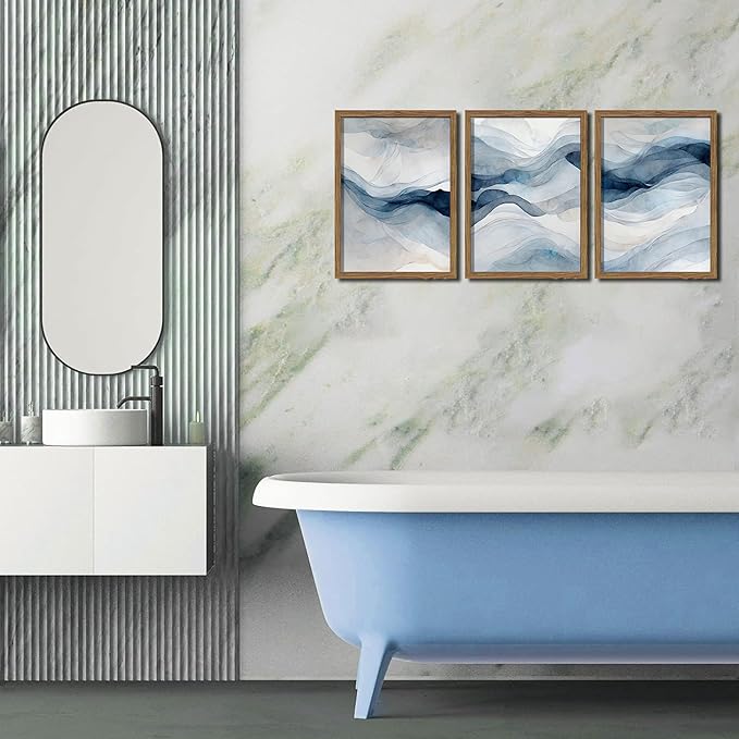 Blue Abstract Wall Art, Modern Navy Blue Abstract Canvas Wall Decor Paintings, Neutral Minimalist Texture Posters Prints Pictures for Living Room Bedroom Office Home Decor 12x16 Inch Wood Framed