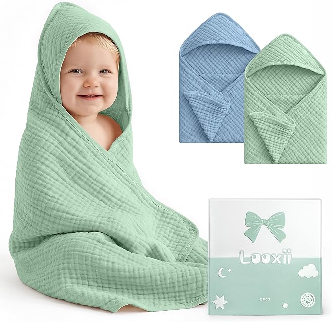 Looxii Baby Bath Towels 2 Pack Muslin Hooded Baby Towels for Newborn and Infants, 100% Cotton, Large 32x32Inch, Soft and Absorbent Blue+Green