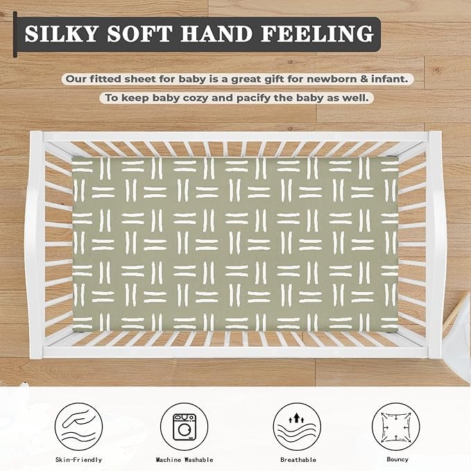 Sage Green Geometric Fitted Crib Sheet for Boys Girls Tribal Southwest White Line Stripe Baby Sheet for Standard Crib and Toddler Nursery Bed Mattress Sheets 28"x52"