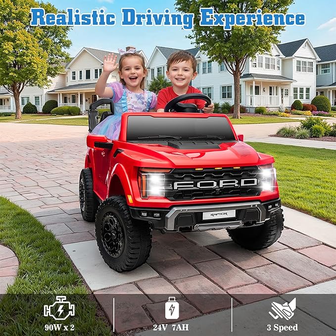 24V Ride on Car for Big Kids, Licensed Ford F-150 Raptor 2 Seater Ride on Toy with Remote Control, Ride on Track w/4-Wheeler Suspension, LED Lights, Bluetooth, Music, Soft Start (24V, Red)