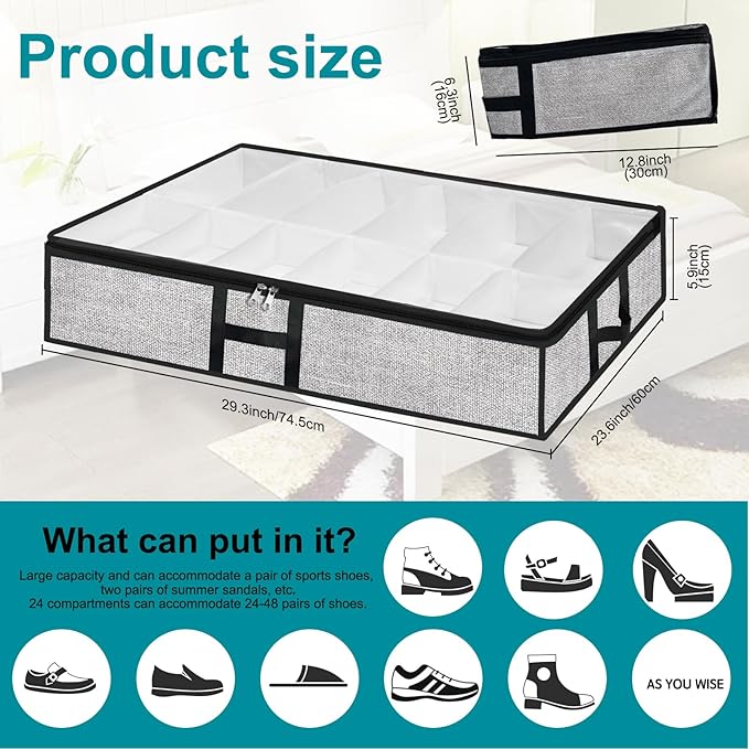 Meerainy Under Bed Shoe Storage Organizer for Closet 2 Pack- Fits 24 Pairs Underbed Shoes Container Boxes, Light Grey