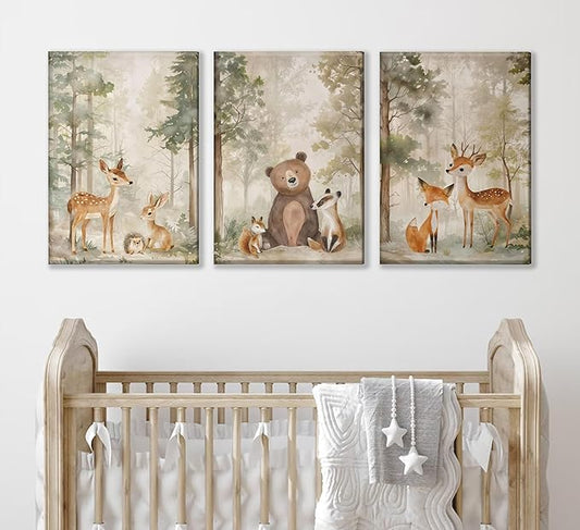 MIZILI 3Pcs Woodland Animal Nursery Canvas wall art Wild Animals Forest Paintings Pictures Wall Decor Fox Bear Deer Watercolor Poster Printing Artwork for Boys Room Girls Room Home Decoration