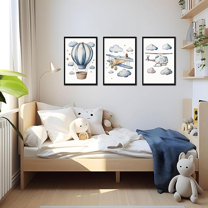 Baby Boy Nursery Wall Art Set of 3, Vintage Blue Travel Boys Room Wall Decor Paintings, Toddler Hot Air Balloon Plane Helicopter Posters Prints Pictures for Kids Room Bedroom 12x16 Inch Wood Framed