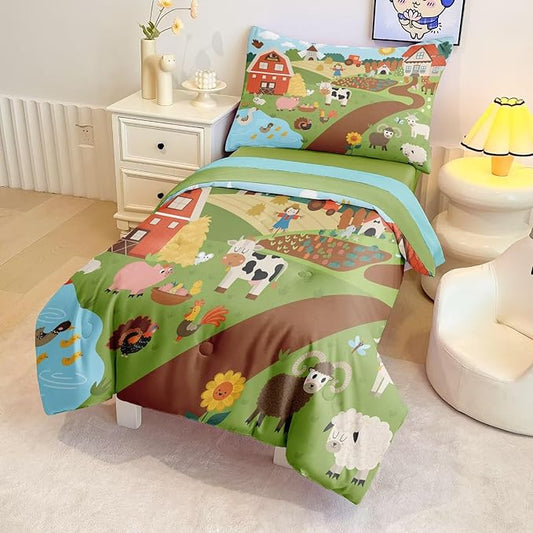 4 Pieces Toddler Bedding Set for Boys Girls,Farmhouse Farm Animal Toddler Comforter Set Bed in a Bag Includes Comforter, Flat Sheet, Fitted Sheet and Pillowcase