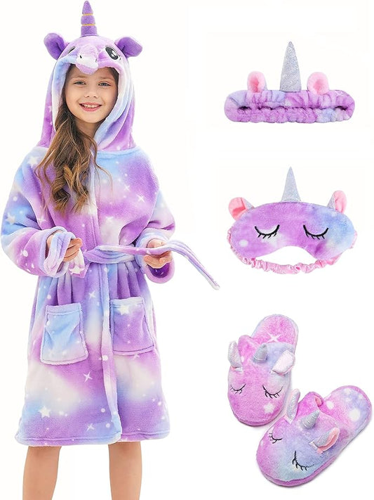 Soft Unicorn Hooded Robe with Matching Slippers Headband and Blindfold for Girls