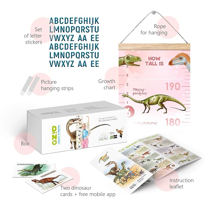 LIFELIKO Personalised Growth Chart for Dinosaur Lovers, Removable Wall Ruler for Boys and Girls, Kid’s Room Decoration (Pink)