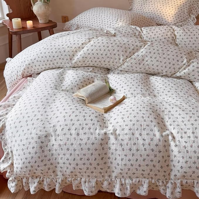 BuLuTu Pink Bellflower Print Duvet Cover Twin Muslin Cotton Comforter Cover for Toddler Kids Children Girls Boys, Lightweight Soft Quilt Covers, Zipper Closure, 4 Ties, No Pillow