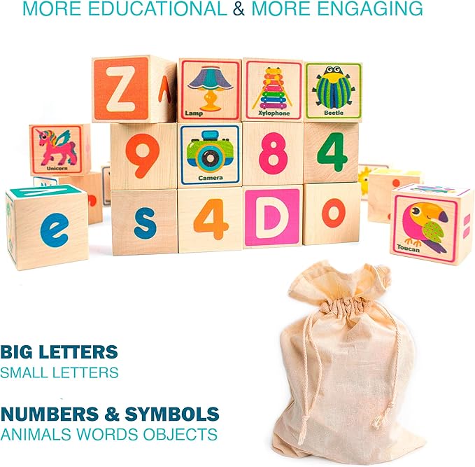 QUOKKA Wooden Blocks for Toddlers 1-3 - 26 ABC Learning Baby Blocks for Kids 3-5 Year Olds Stacking Alphabet Wood Toys for 2-4 yo - Educational with Letters Numbers - Updated Edition