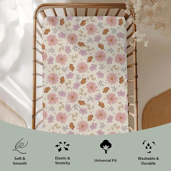 Vintage Wildflowers Butterflies Baby Crib Sheets for Boy Girl 52x28Inch Retro Blossoms Leaves Soft Snug Fitted Crib Mattress Cover Spring Summer Floral Baby Sheet for Standard Crib & Toddler Mattress