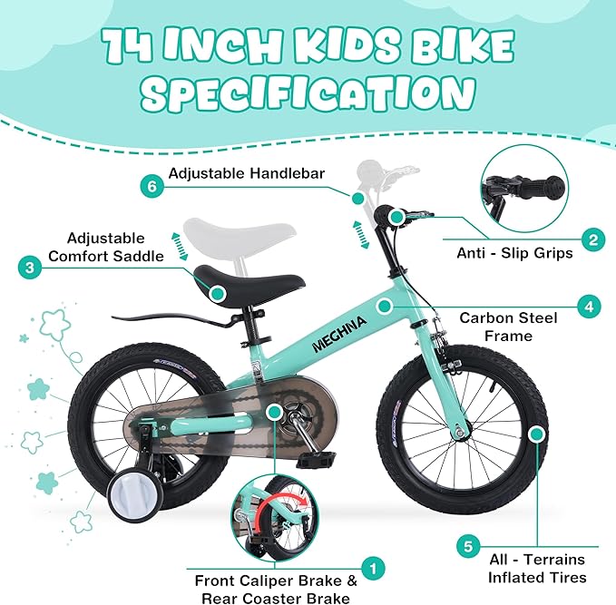 MEGHNA 2 in 1 Toddler Balance Bike 14 inch Wheel Kids Bike Aged 3-7 Years Old with Footrest Detachable Training Wheels Caliper and Coaster Brake Strider Bike for Boys Girls, Easy to Assembly