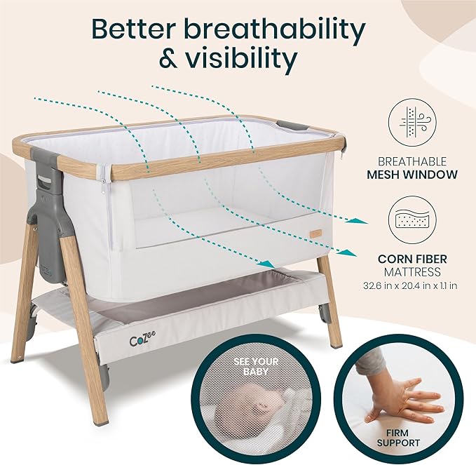 Tutti Bambini CoZee® 2-in-1 Baby Bassinet & Bedside Sleeper - Fast-Folding Bedside Bassinet, Baby Crib with 6 Mattress Heights & Breathable Mesh Window, Mattress Included, 0-6 Months (Silver & Oak)