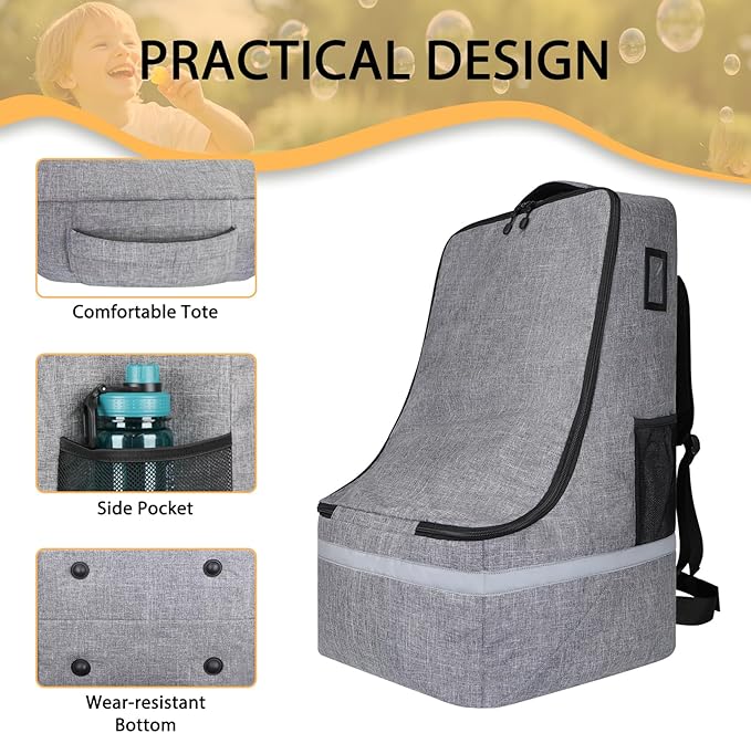 LARIPOP Car Seat Travel Bag for Airplane,Infant Seat Travel Bag with Shoulder Strap,Padded Car Seats Backpack with Reflective Stripes,Large Carseat Carrier Bag Travel Car Seat Cover,Grey